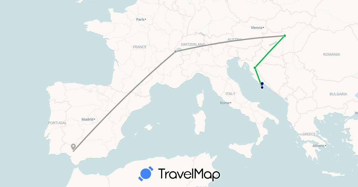 TravelMap itinerary: driving, bus, plane in Switzerland, Spain, Croatia (Europe)